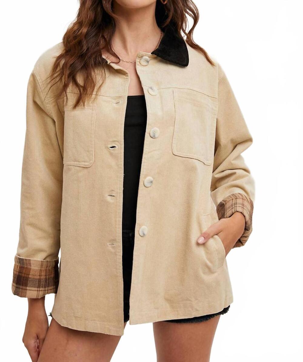 NEW BLUIVY inner plaid corduroy button down barn coat in beige